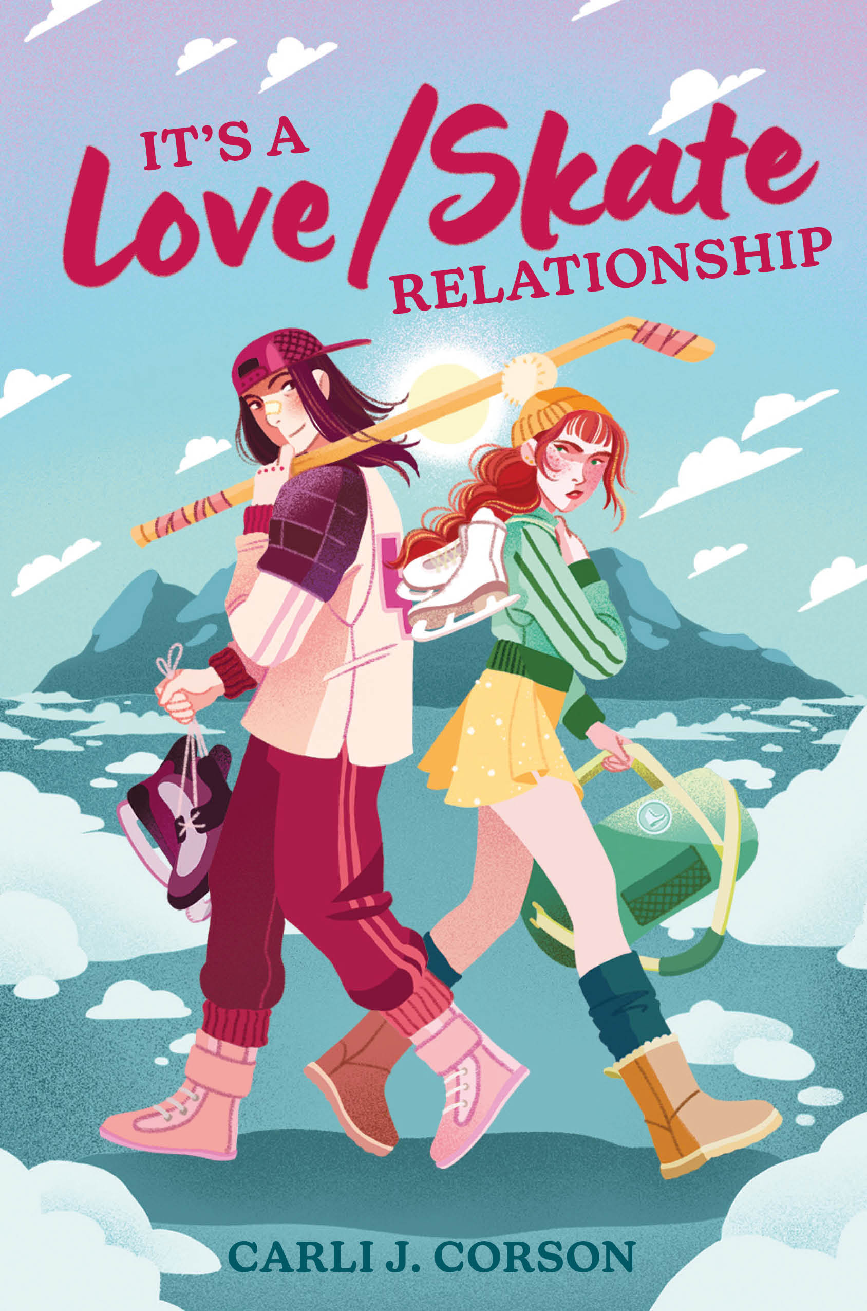 A book cover of two teenage girls, one is a dressed to play hockey and the other is wearing figure skating clothes. They are walking past each other, both of them looking back at the other. The title is 